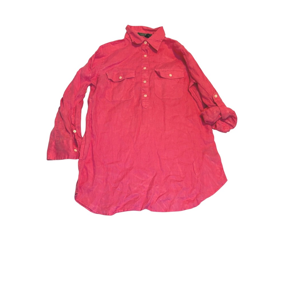 Lauren Ralph Lauren Tunic 100% Linen Roll Tab Women XS Pink Long‎ Sleeve Top